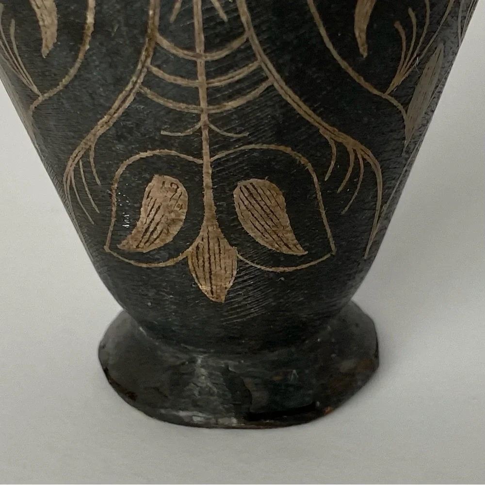 Vintage Brass Vase Etched India 7” Tall Metal Old Brown Bud Flower Engraved
